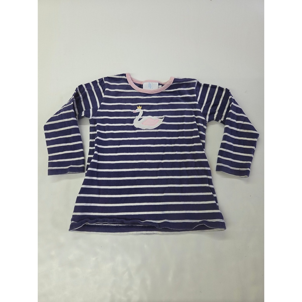 Little English Girls Shirt 4 Navy White Striped Swan Crown Pima Cotton Nautical